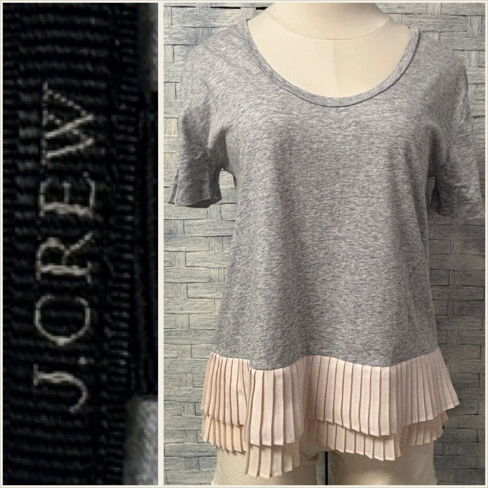J.Crew XS Gray V Neck T Shirt Pleated Chiffon Hem